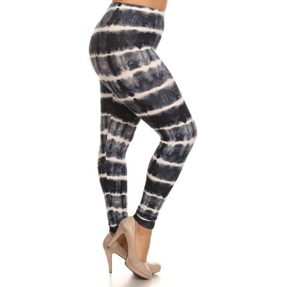 (Plus) Curvy Navy Blue and Gray Tie Dye Pattern Print Leggings - Picture 1 of 5